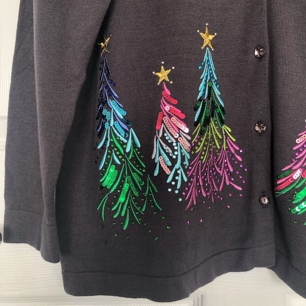 Quacker Factory Christmas cardigan cotton blend sequins trees festive Size L